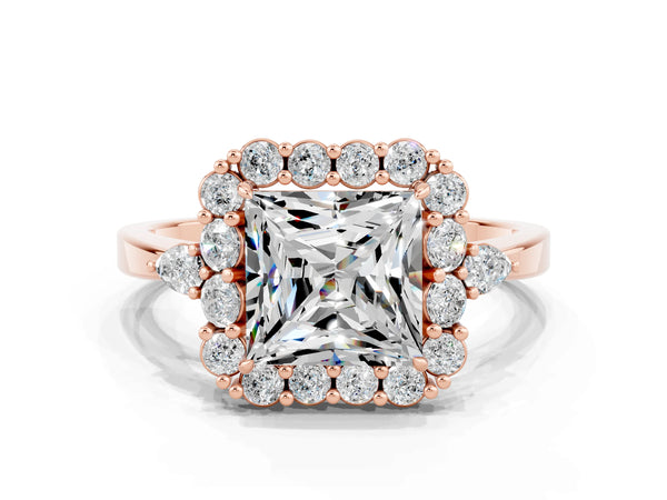 Rose gold Princess Cut Moissanite Halo Ring with Pear Side Stones and Prong Setting
