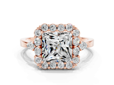 Rose gold Princess Cut Moissanite Halo Ring with Pear Side Stones and Prong Setting_12