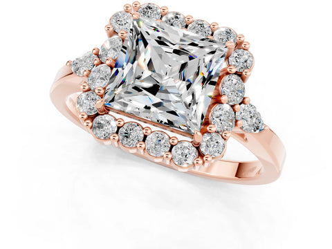 Rose gold Princess Cut Moissanite Halo Ring with Pear Side Stones and Prong Setting_13