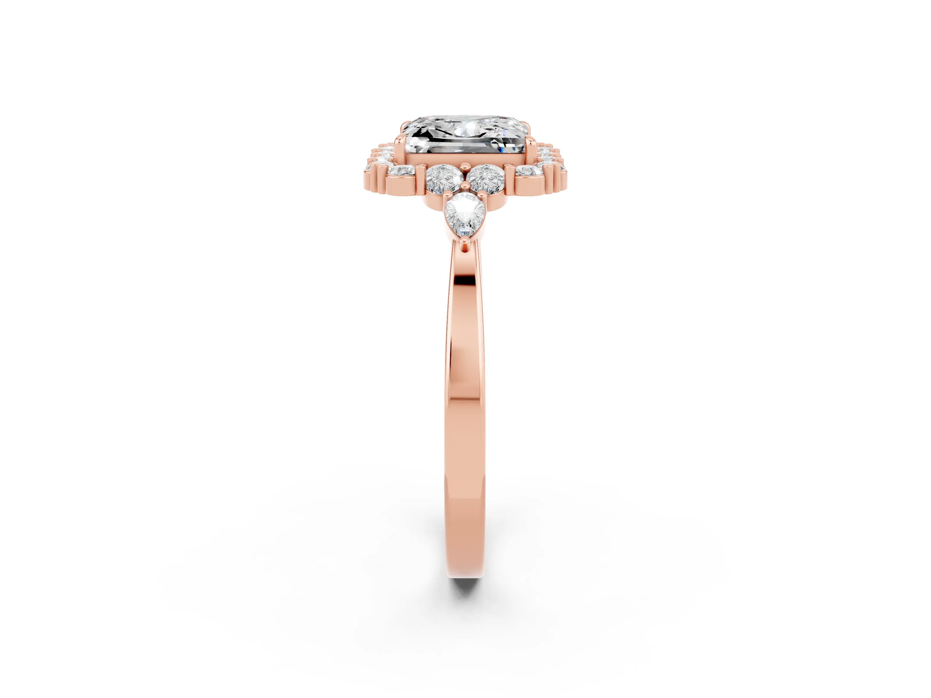 Rose gold Princess Cut Moissanite Halo Ring with Pear Side Stones and Prong Setting_14