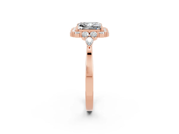 Rose gold Princess Cut Moissanite Halo Ring with Pear Side Stones and Prong Setting