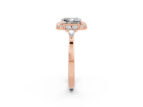 Rose gold Princess Cut Moissanite Halo Ring with Pear Side Stones and Prong Setting_14