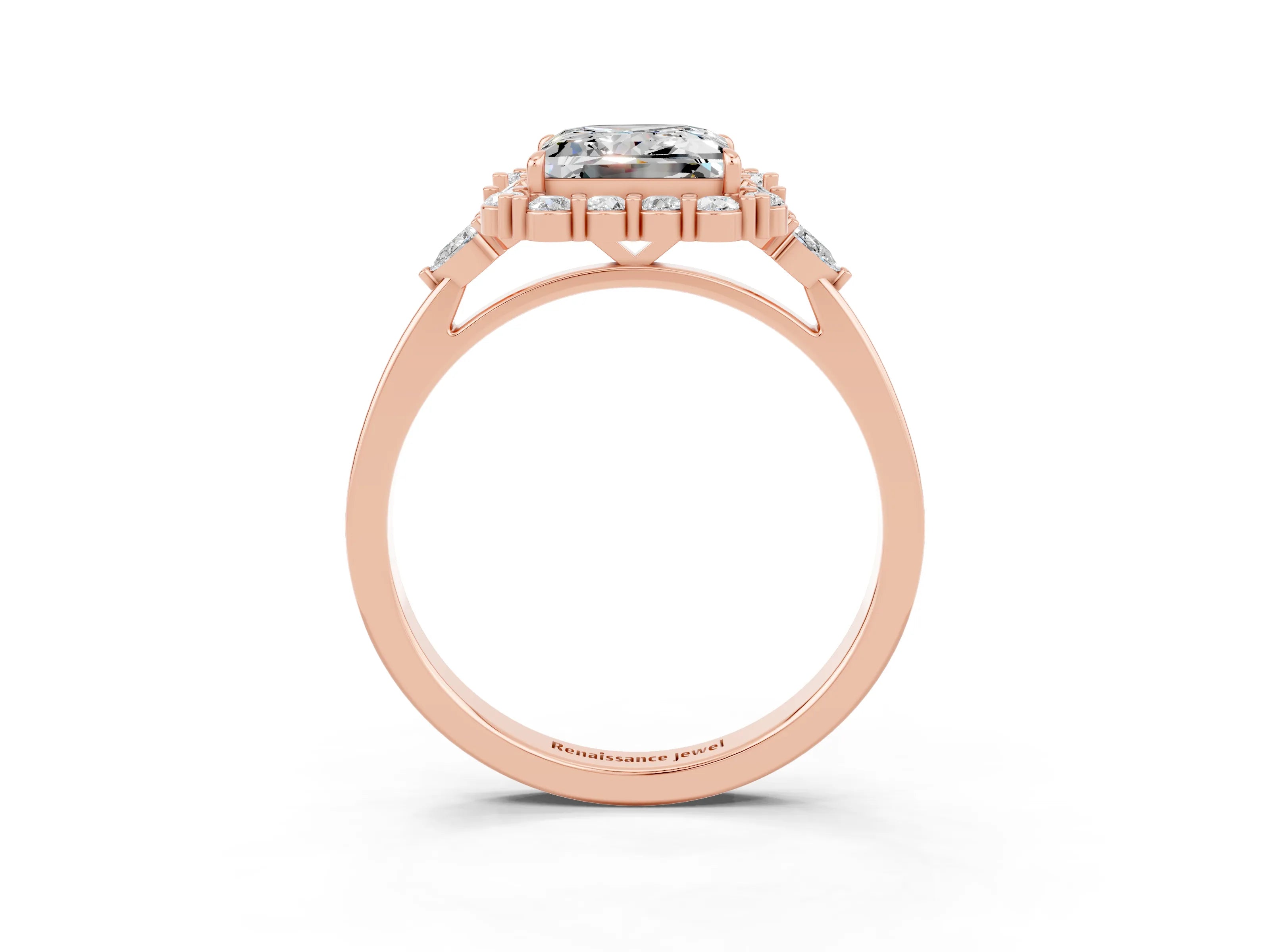 Rose gold Princess Cut Moissanite Halo Ring with Pear Side Stones and Prong Setting_15