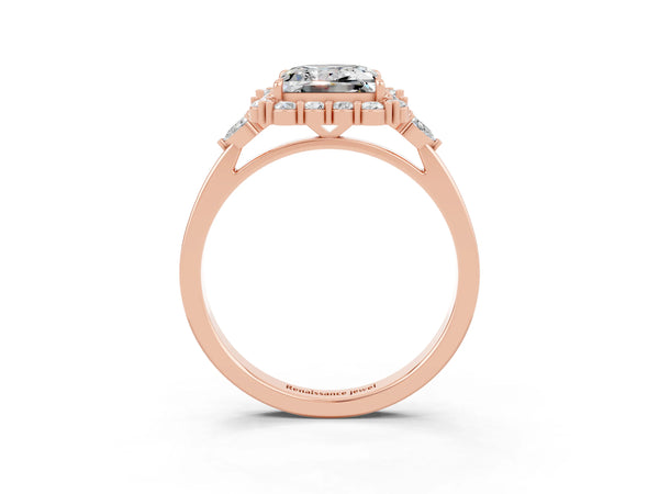 Rose gold Princess Cut Moissanite Halo Ring with Pear Side Stones and Prong Setting