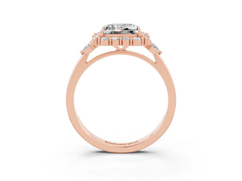 Rose gold Princess Cut Moissanite Halo Ring with Pear Side Stones and Prong Setting_15