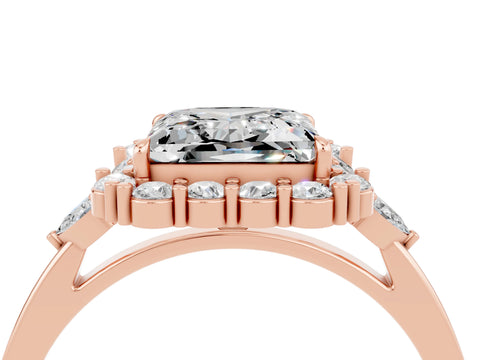 Rose gold Princess Cut Moissanite Halo Ring with Pear Side Stones and Prong Setting_16