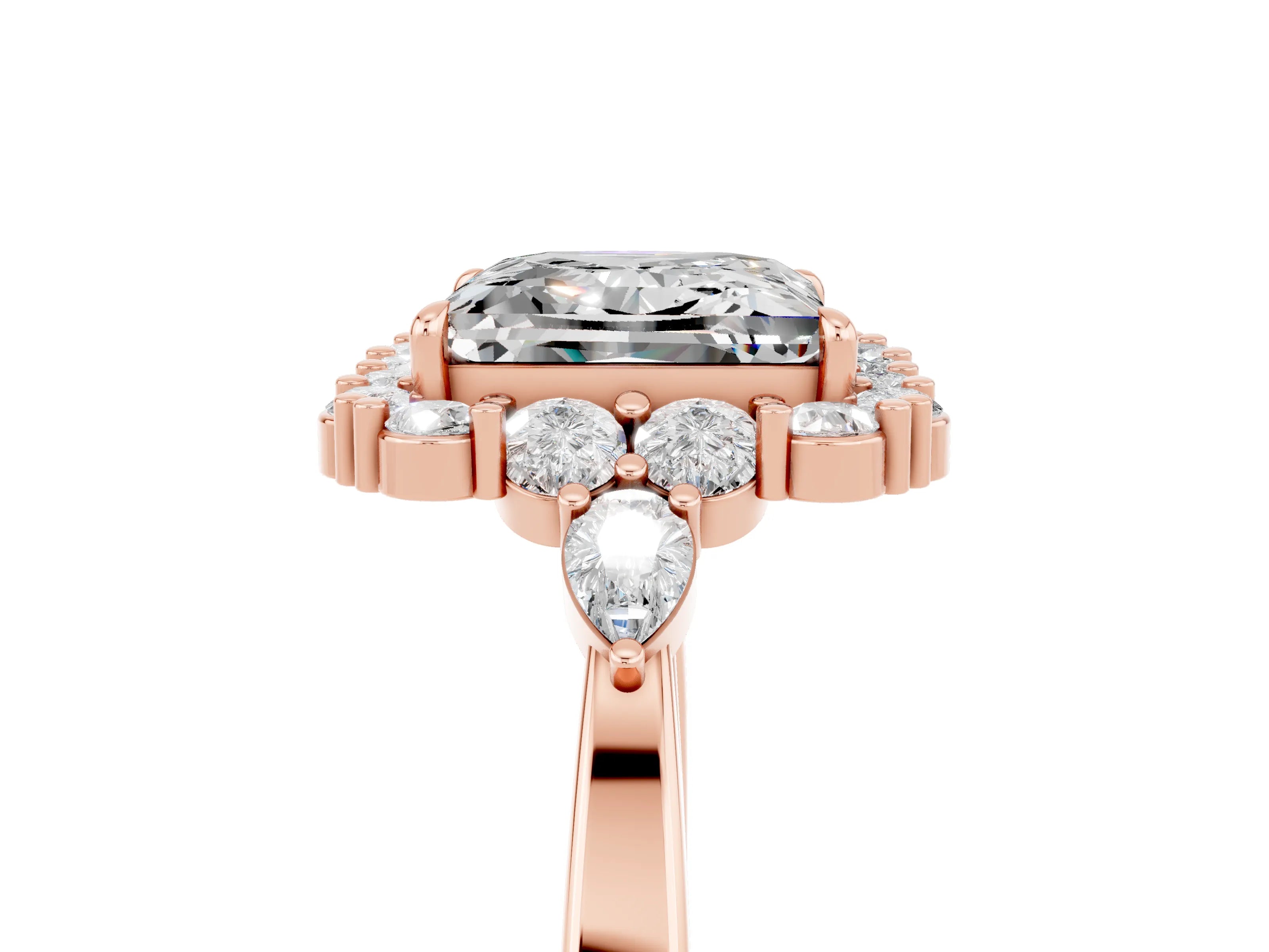 Rose gold Princess Cut Moissanite Halo Ring with Pear Side Stones and Prong Setting_17