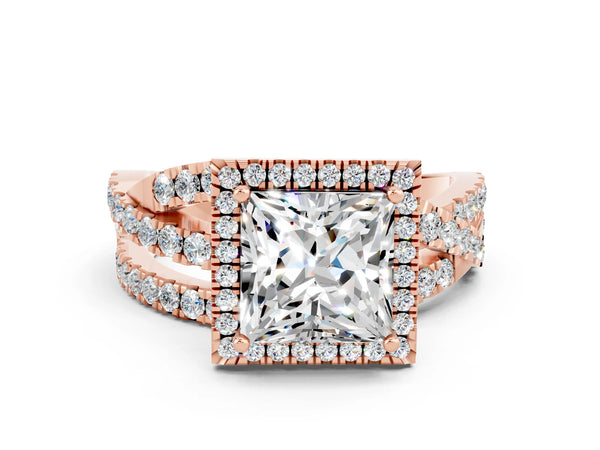 Rose gold Princess Cut Moissanite Halo Ring with Round Split Shank and Prong Setting
