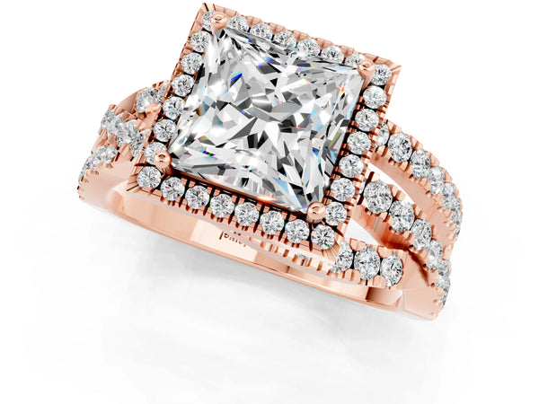 Rose gold Princess Cut Moissanite Halo Ring with Round Split Shank and Prong Setting