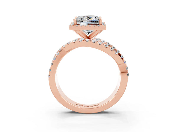 Rose gold Princess Cut Moissanite Halo Ring with Round Split Shank and Prong Setting