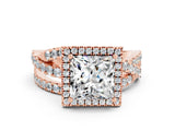 Rose gold Princess Cut Moissanite Halo Ring with Round Split Shank and Prong Setting_48