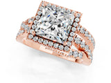 Rose gold Princess Cut Moissanite Halo Ring with Round Split Shank and Prong Setting_49