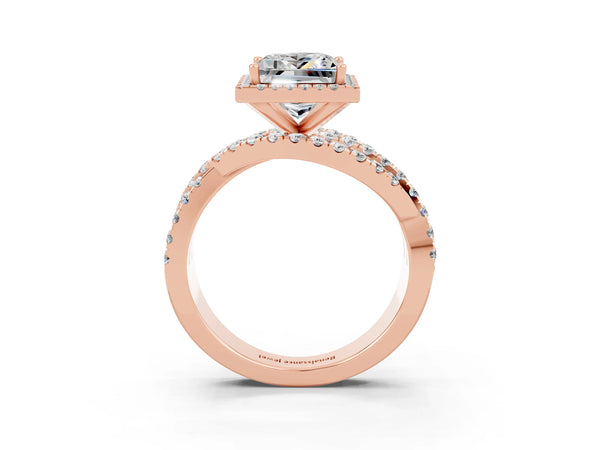Rose gold Princess Cut Moissanite Halo Ring with Round Split Shank and Prong Setting