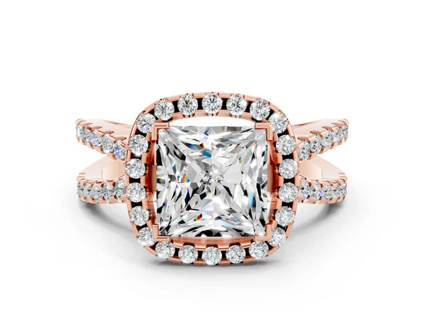 Rose gold Princess Cut Moissanite Halo Ring with Split Shank Pavé Band and Prong Setting