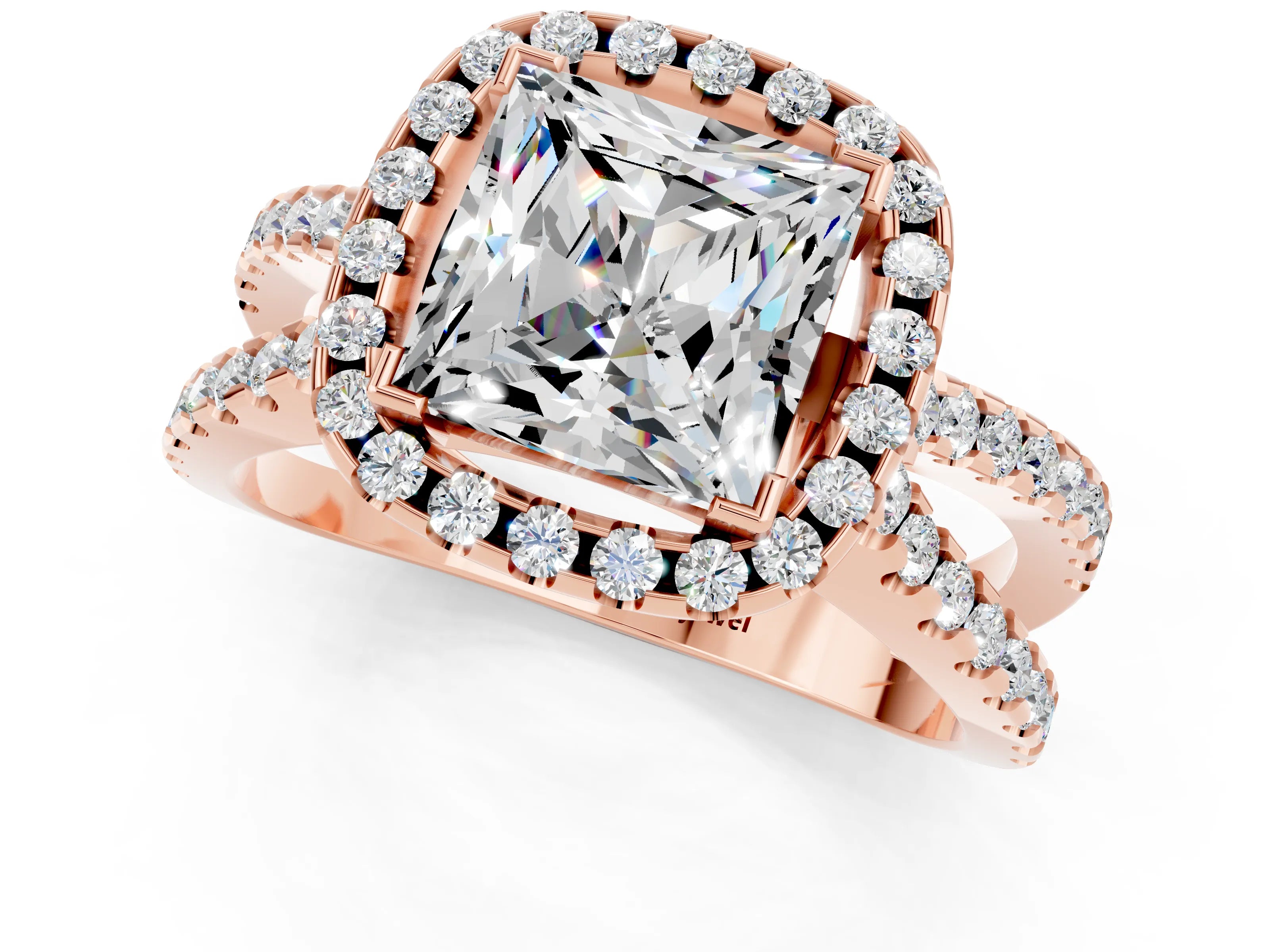 Rose gold Princess Cut Moissanite Halo Ring with Split Shank Pavé Band and Prong Setting_1