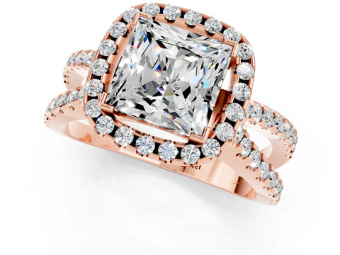 Rose gold Princess Cut Moissanite Halo Ring with Split Shank Pavé Band and Prong Setting_1