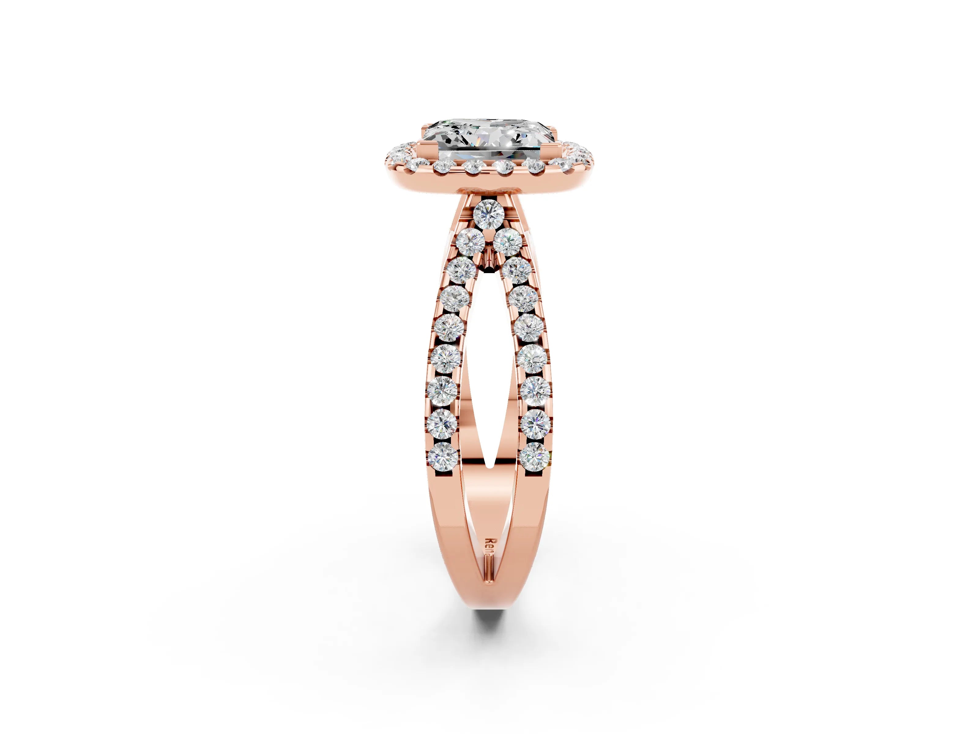 Rose gold Princess Cut Moissanite Halo Ring with Split Shank Pavé Band and Prong Setting_2