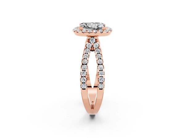 Rose gold Princess Cut Moissanite Halo Ring with Split Shank Pavé Band and Prong Setting