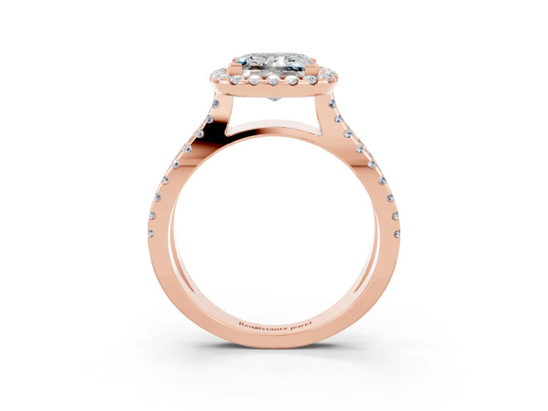 Rose gold Princess Cut Moissanite Halo Ring with Split Shank Pavé Band and Prong Setting