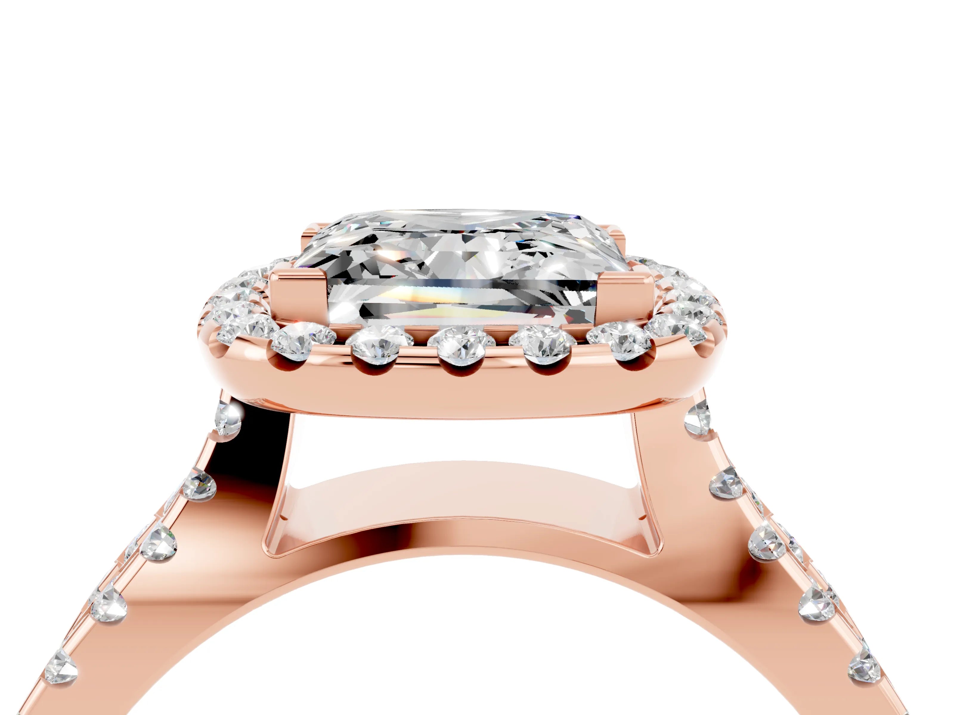 Rose gold Princess Cut Moissanite Halo Ring with Split Shank Pavé Band and Prong Setting_4