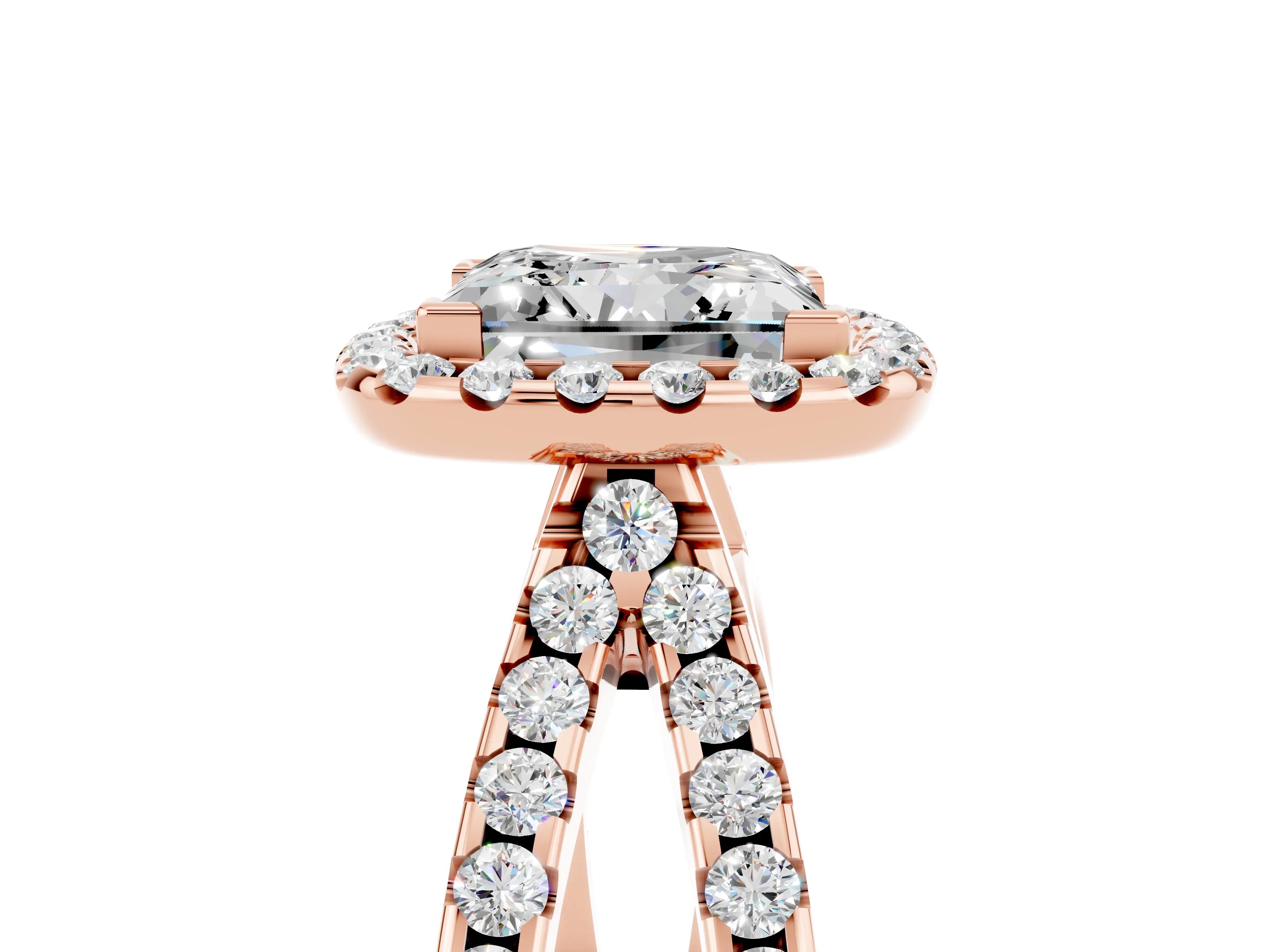 Rose gold Princess Cut Moissanite Halo Ring with Split Shank Pavé Band and Prong Setting_5