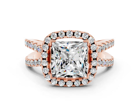 Rose gold Princess Cut Moissanite Halo Ring with Split Shank Pavé Band and Prong Setting