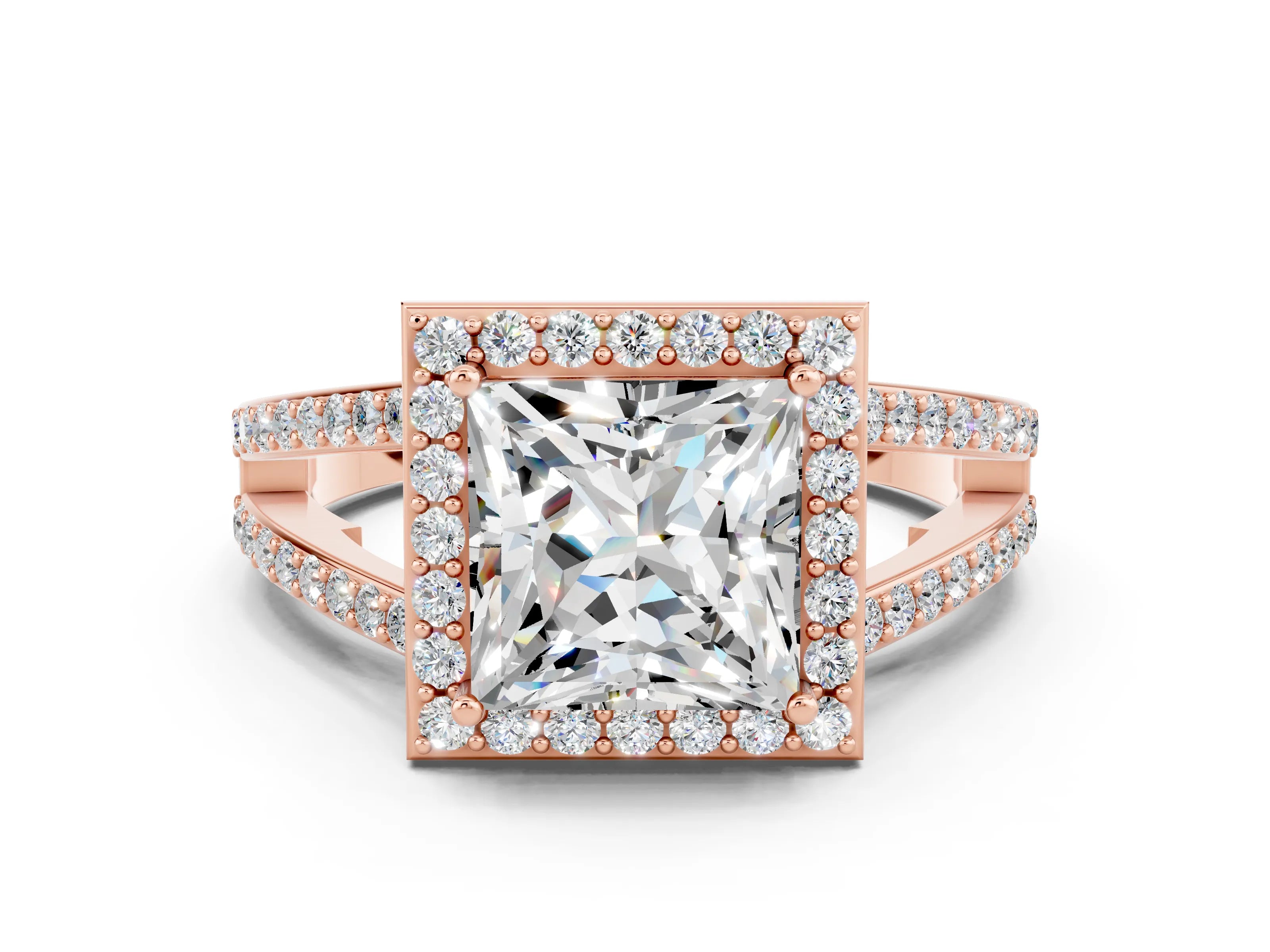 Rose gold Princess Cut Moissanite Halo Ring with Split Shank U-Prong Band and Four-Prong Setting