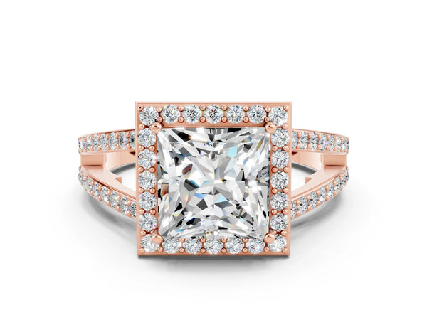 Rose gold Princess Cut Moissanite Halo Ring with Split Shank U-Prong Band and Four-Prong Setting
