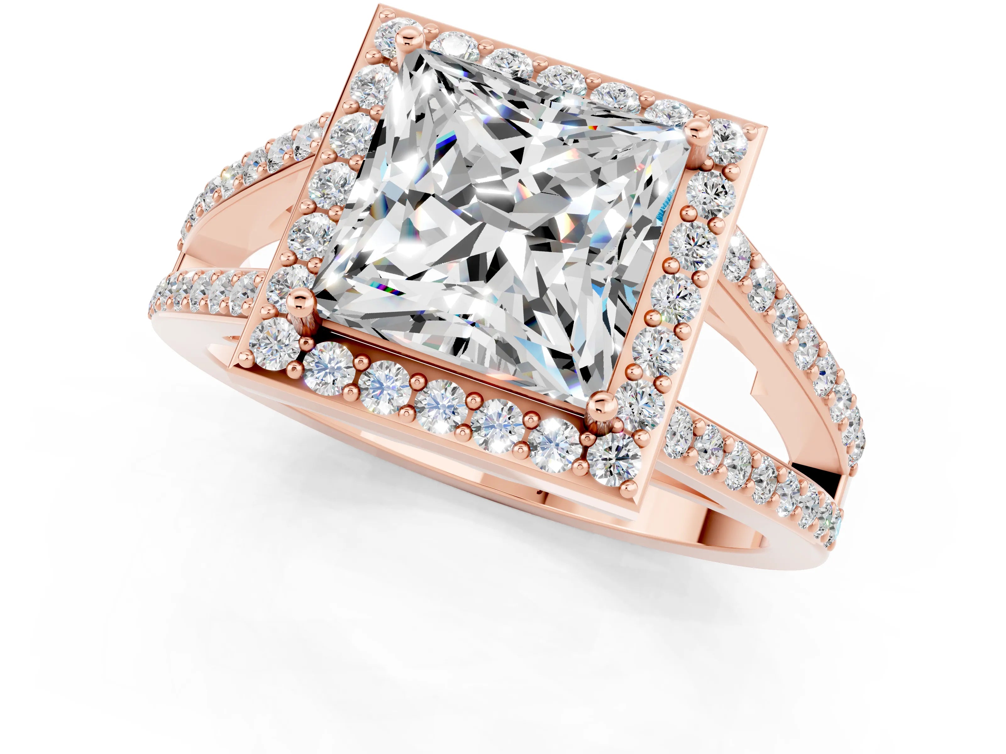 Rose gold Princess Cut Moissanite Halo Ring with Split Shank U-Prong Band and Four-Prong Setting_1
