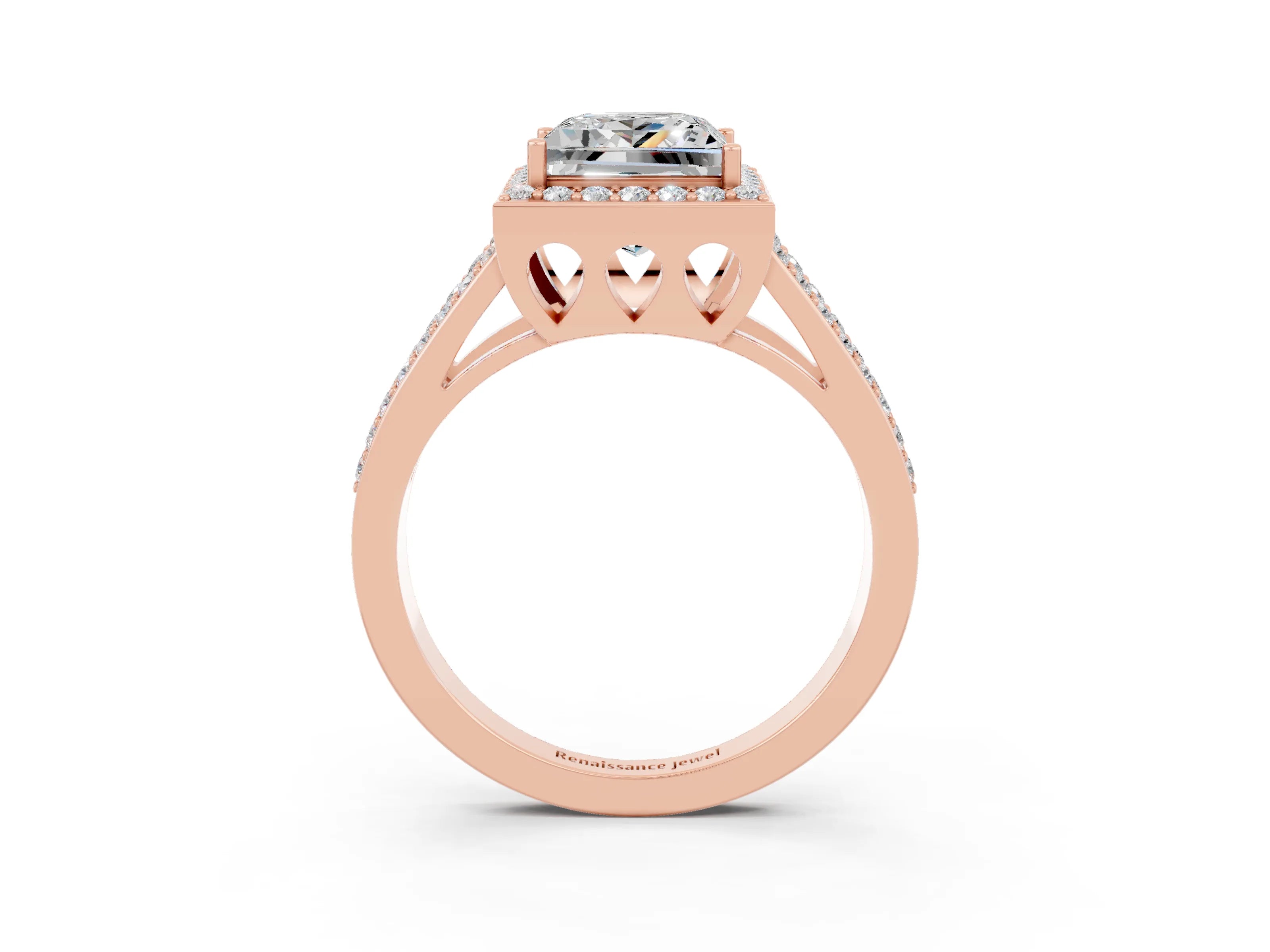 Rose gold Princess Cut Moissanite Halo Ring with Split Shank U-Prong Band and Four-Prong Setting_3