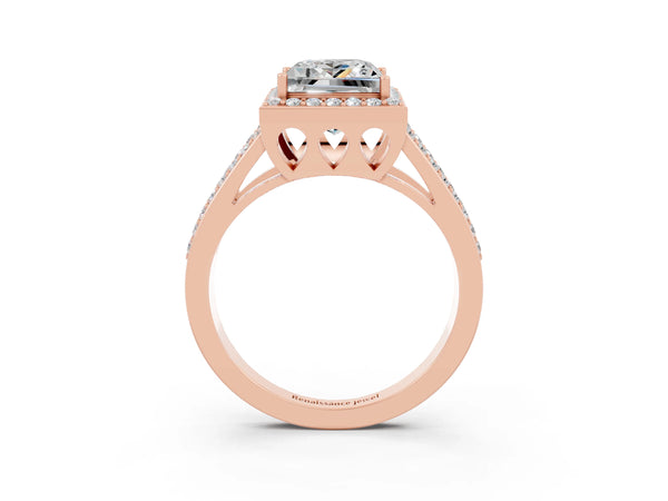 Rose gold Princess Cut Moissanite Halo Ring with Split Shank U-Prong Band and Four-Prong Setting