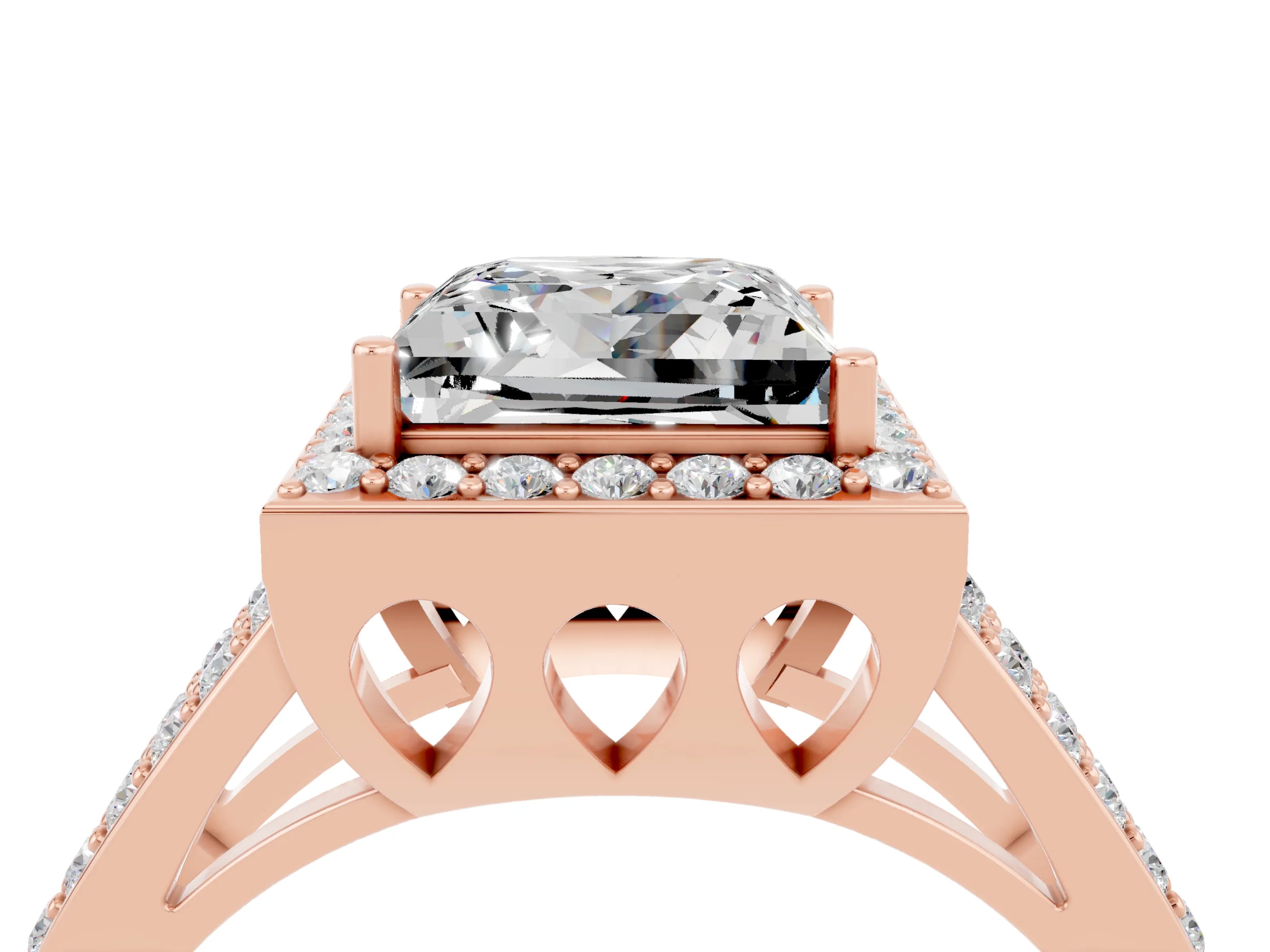 Rose gold Princess Cut Moissanite Halo Ring with Split Shank U-Prong Band and Four-Prong Setting_4