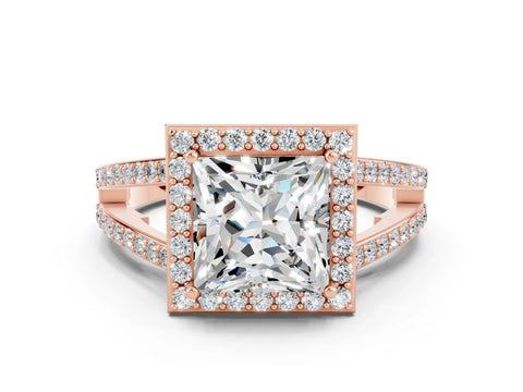 Rose gold Princess Cut Moissanite Halo Ring with Split Shank U-Prong Band and Four-Prong Setting