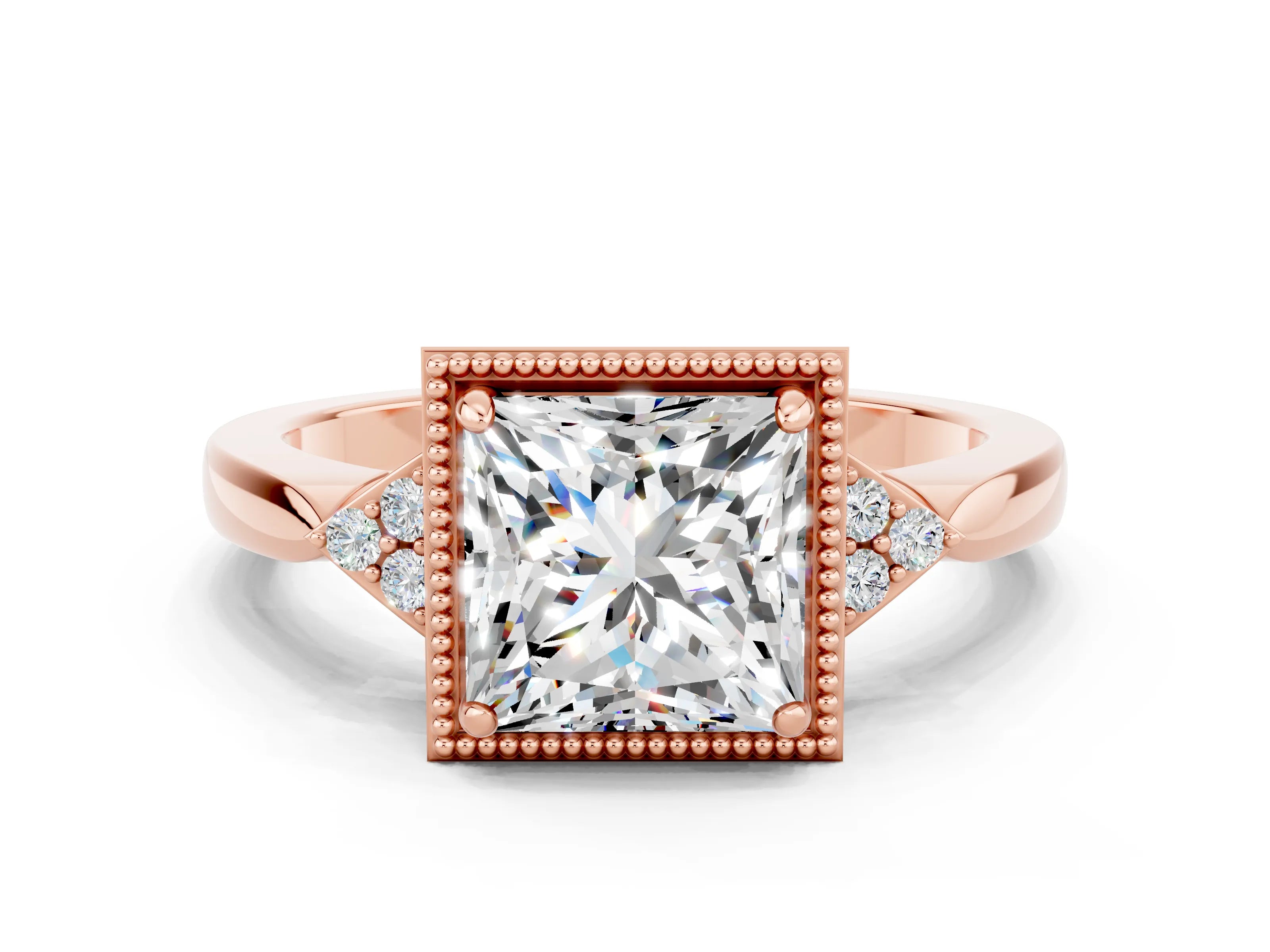 Rose gold Princess Cut Moissanite Halo Ring with Tapered Band and Four-Prong Setting