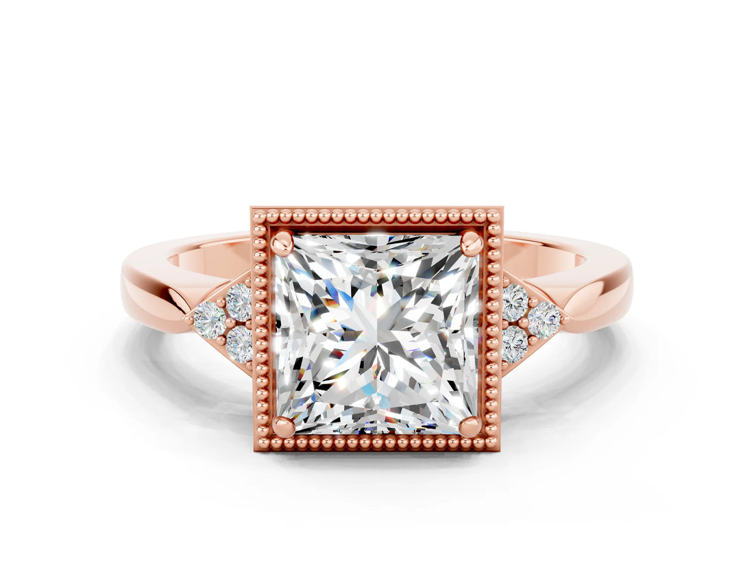 Rose gold Princess Cut Moissanite Halo Ring with Tapered Band and Four-Prong Setting