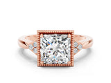 Rose gold Princess Cut Moissanite Halo Ring with Tapered Band and Four-Prong Setting
