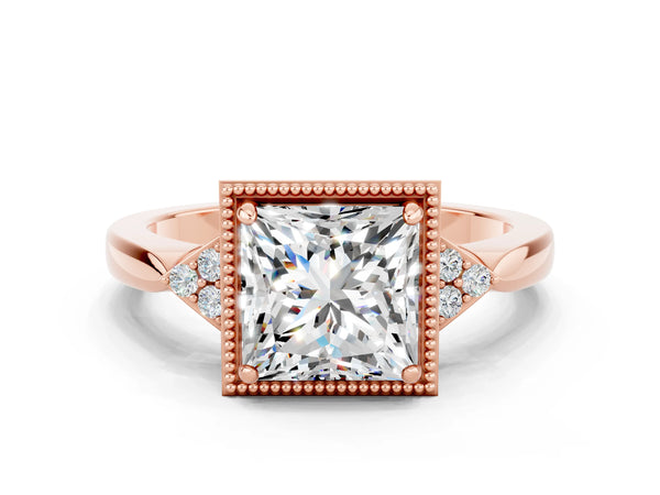 Rose gold Princess Cut Moissanite Halo Ring with Tapered Band and Four-Prong Setting