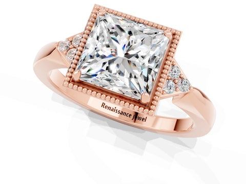 Rose gold Princess Cut Moissanite Halo Ring with Tapered Band and Four-Prong Setting_1