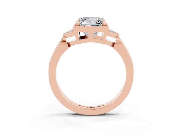 Rose gold Princess Cut Moissanite Halo Ring with Tapered Band and Four-Prong Setting