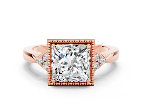 Rose gold Princess Cut Moissanite Halo Ring with Tapered Band and Four-Prong Setting