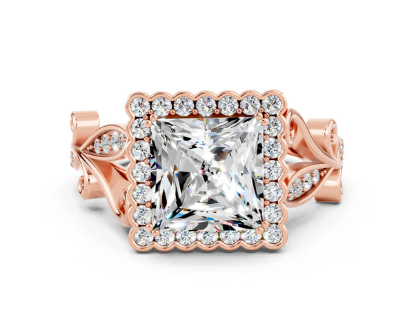 Rose gold Princess Cut Moissanite Halo Ring with Vintage Split Shank and Four-Prong Setting