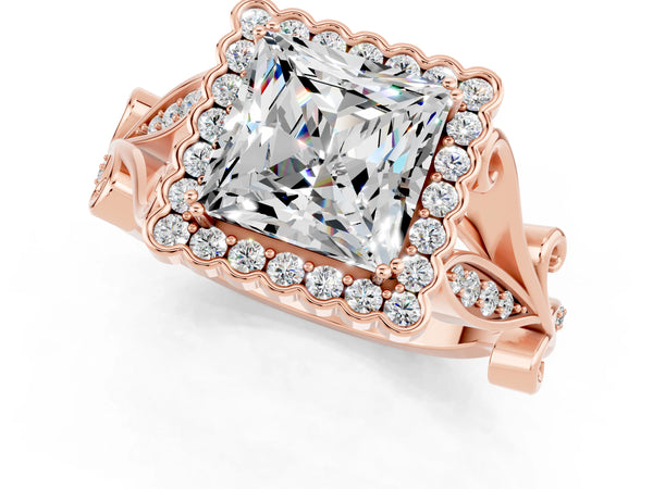 Rose gold Princess Cut Moissanite Halo Ring with Vintage Split Shank and Four-Prong Setting