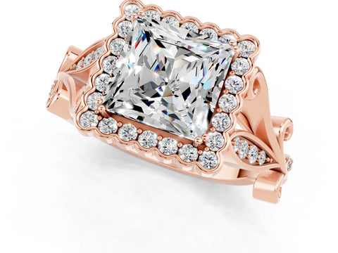 Rose gold Princess Cut Moissanite Halo Ring with Vintage Split Shank and Four-Prong Setting_1