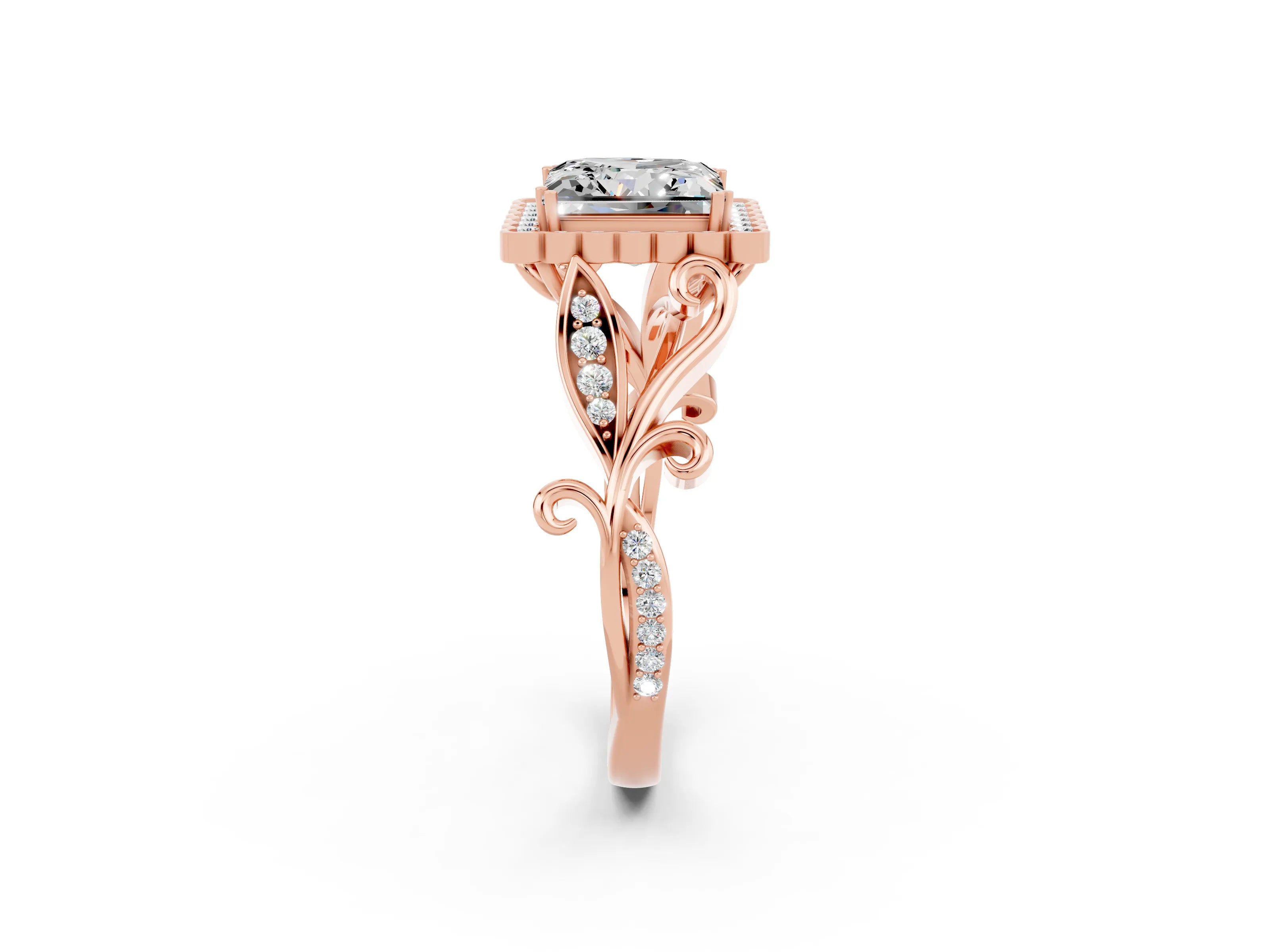 Rose gold Princess Cut Moissanite Halo Ring with Vintage Split Shank and Four-Prong Setting_2