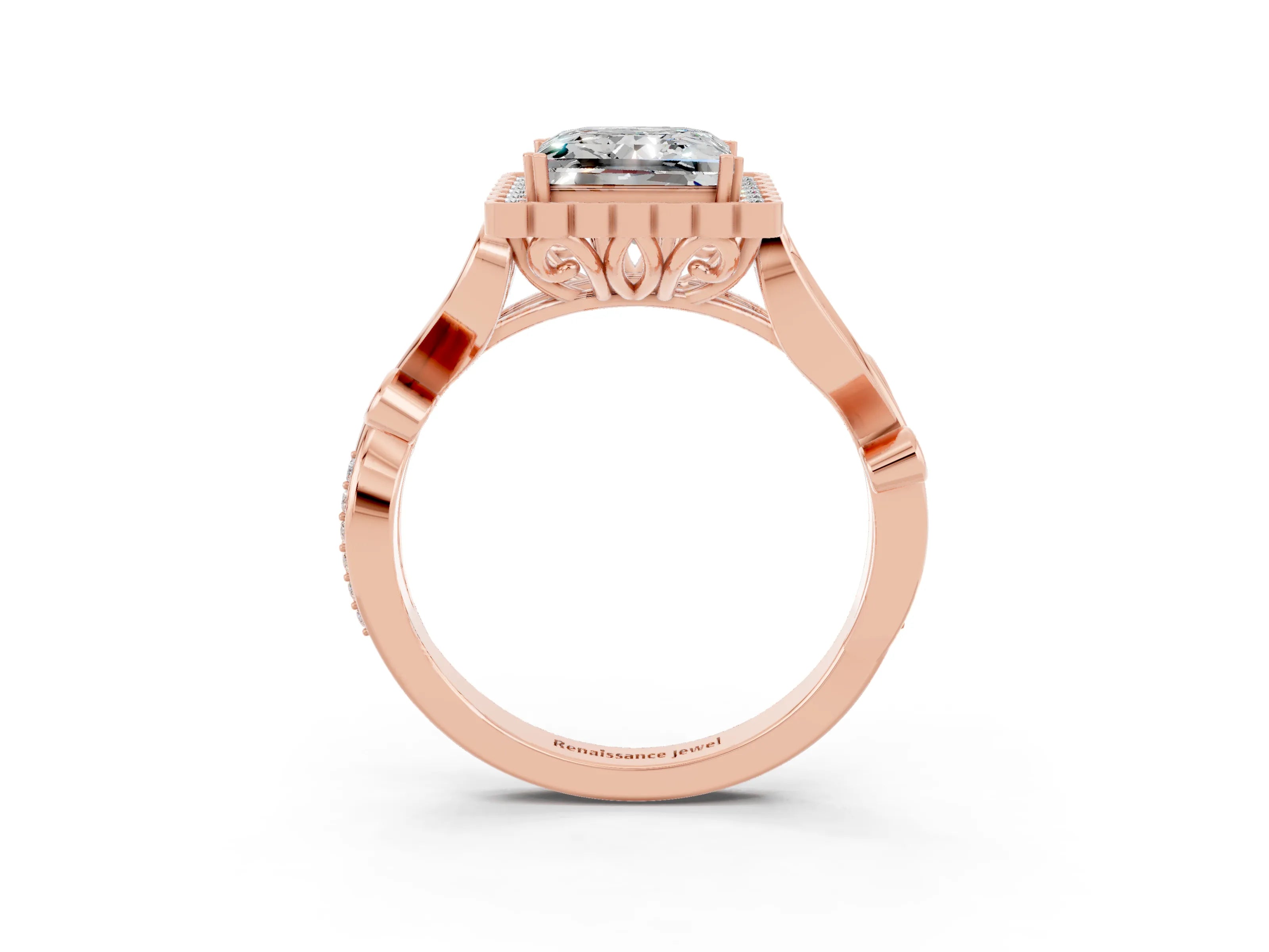 Rose gold Princess Cut Moissanite Halo Ring with Vintage Split Shank and Four-Prong Setting_3