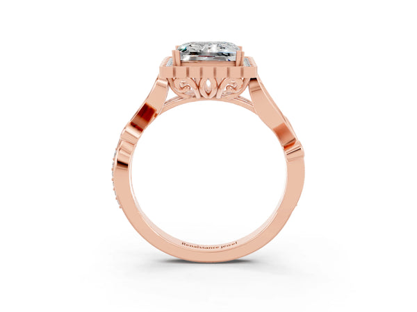 Rose gold Princess Cut Moissanite Halo Ring with Vintage Split Shank and Four-Prong Setting