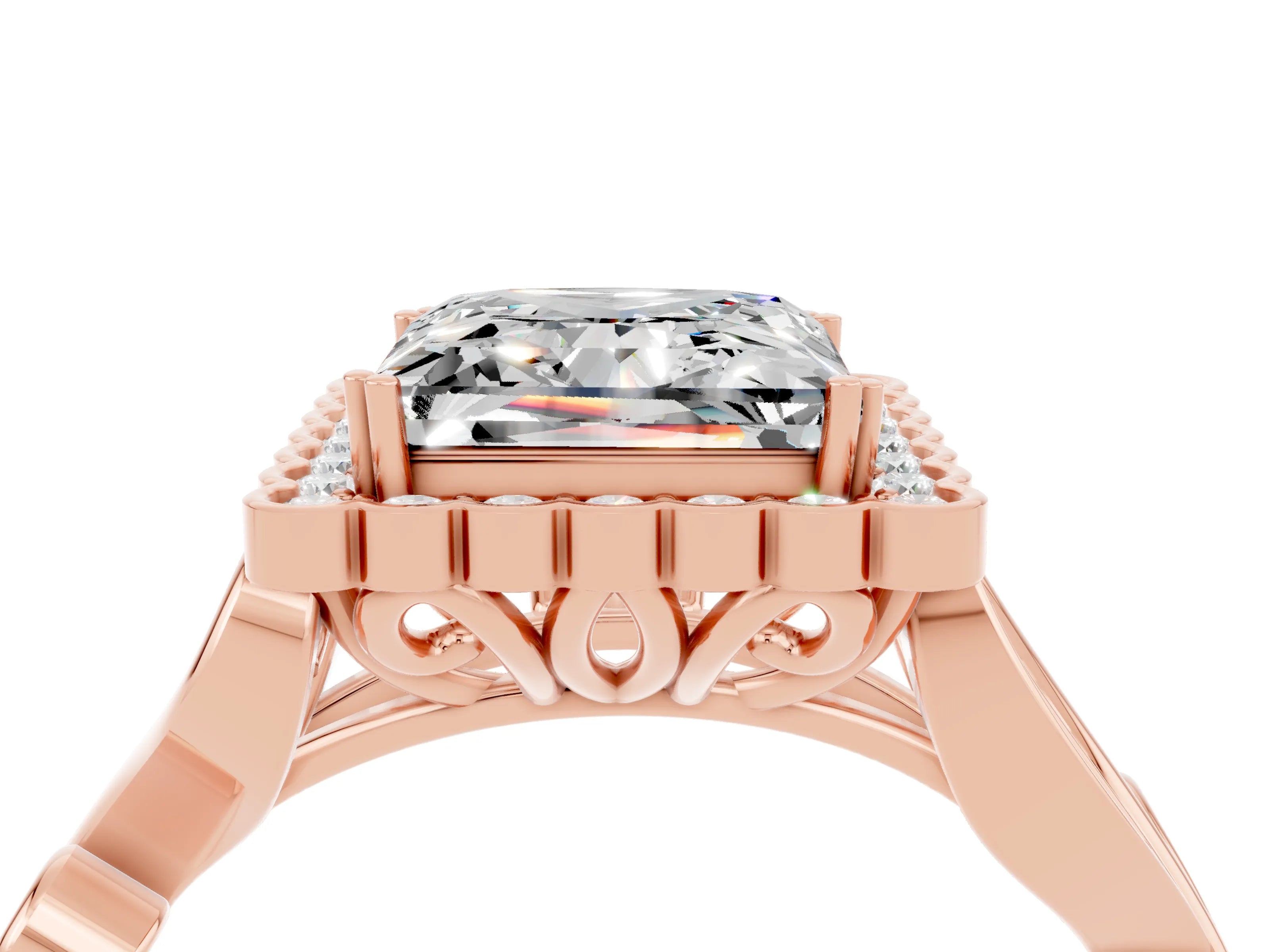 Rose gold Princess Cut Moissanite Halo Ring with Vintage Split Shank and Four-Prong Setting_4