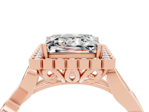 Rose gold Princess Cut Moissanite Halo Ring with Vintage Split Shank and Four-Prong Setting_4