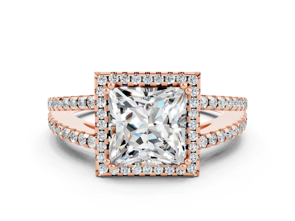 Rose gold Princess Cut Moissanite Halo Split Shank Engagement Ring