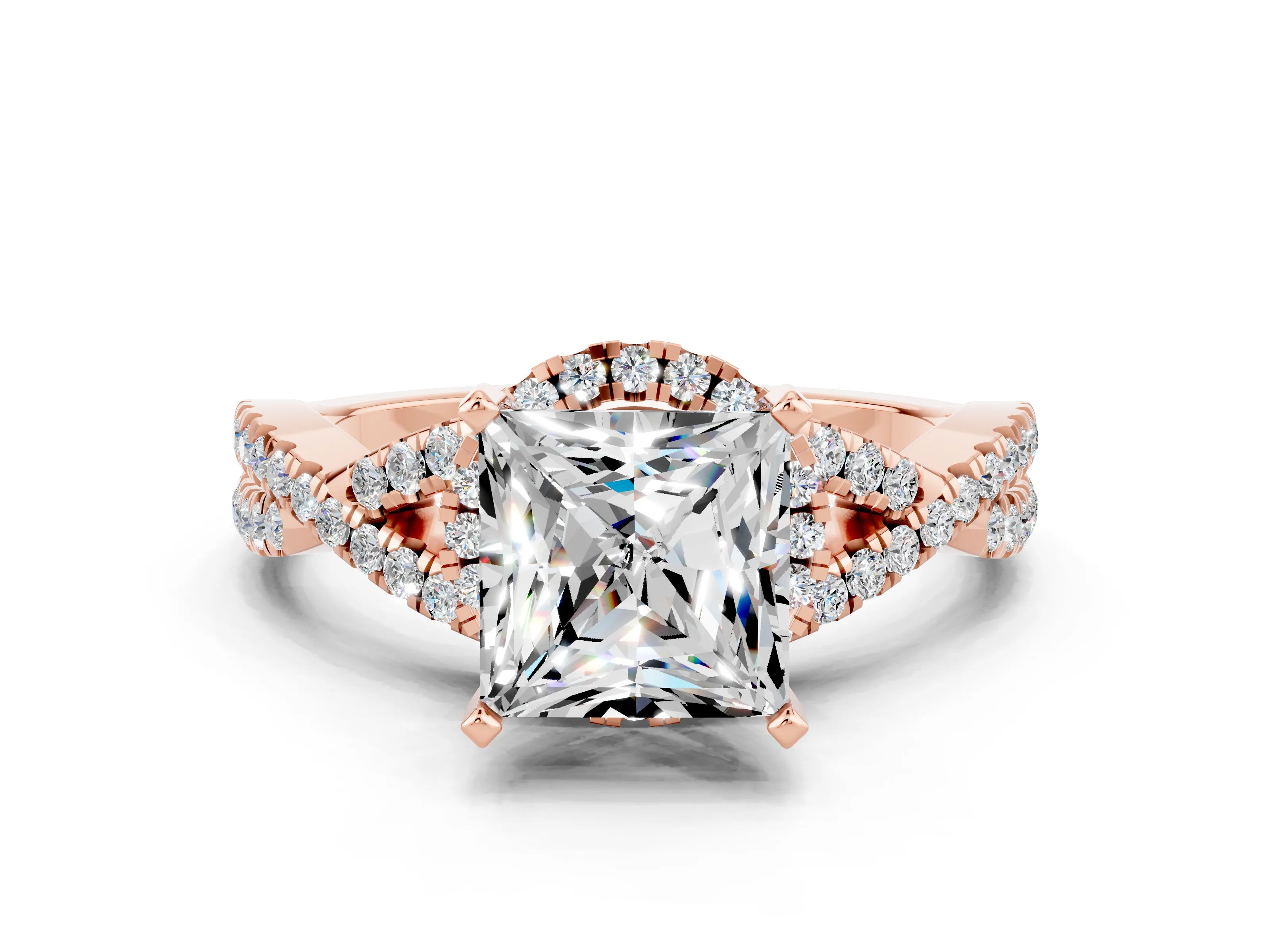 Rose gold Princess Cut Moissanite Halo Twist Band Solitaire Prong Setting Ring